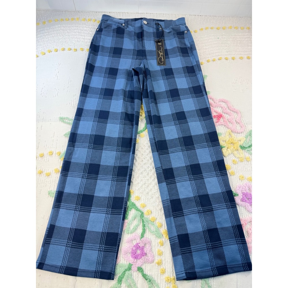 DG2 Diane Gilman‎ Blue Plaid Wide Leg Pants Navy Buffalo Check Trousers Size 10